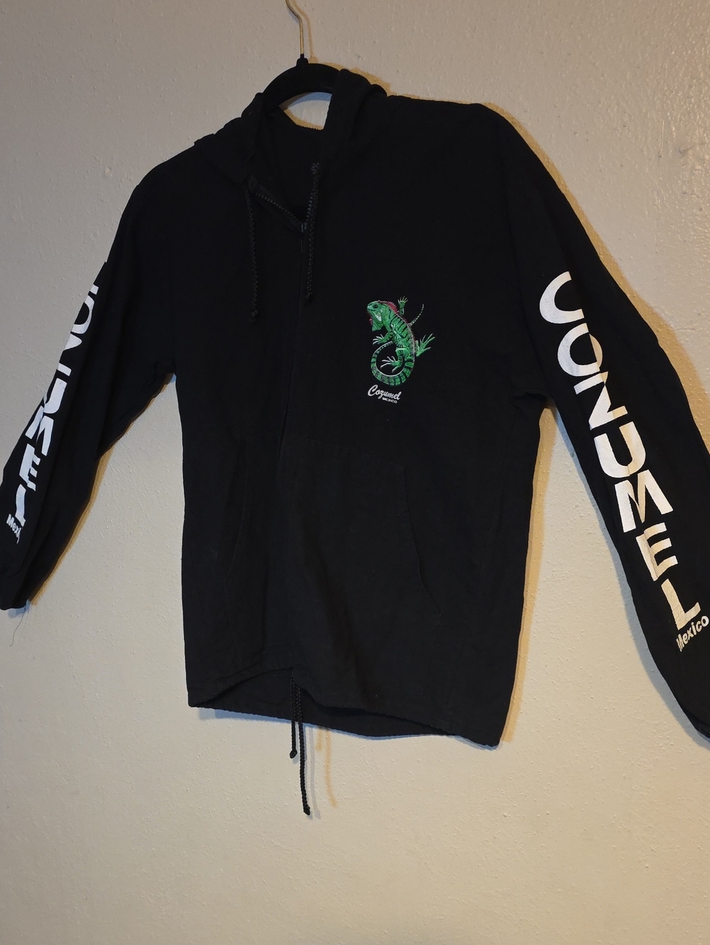 Black Hooded Men’s Sweater Cozumel Green Lizard Iguana Sz S